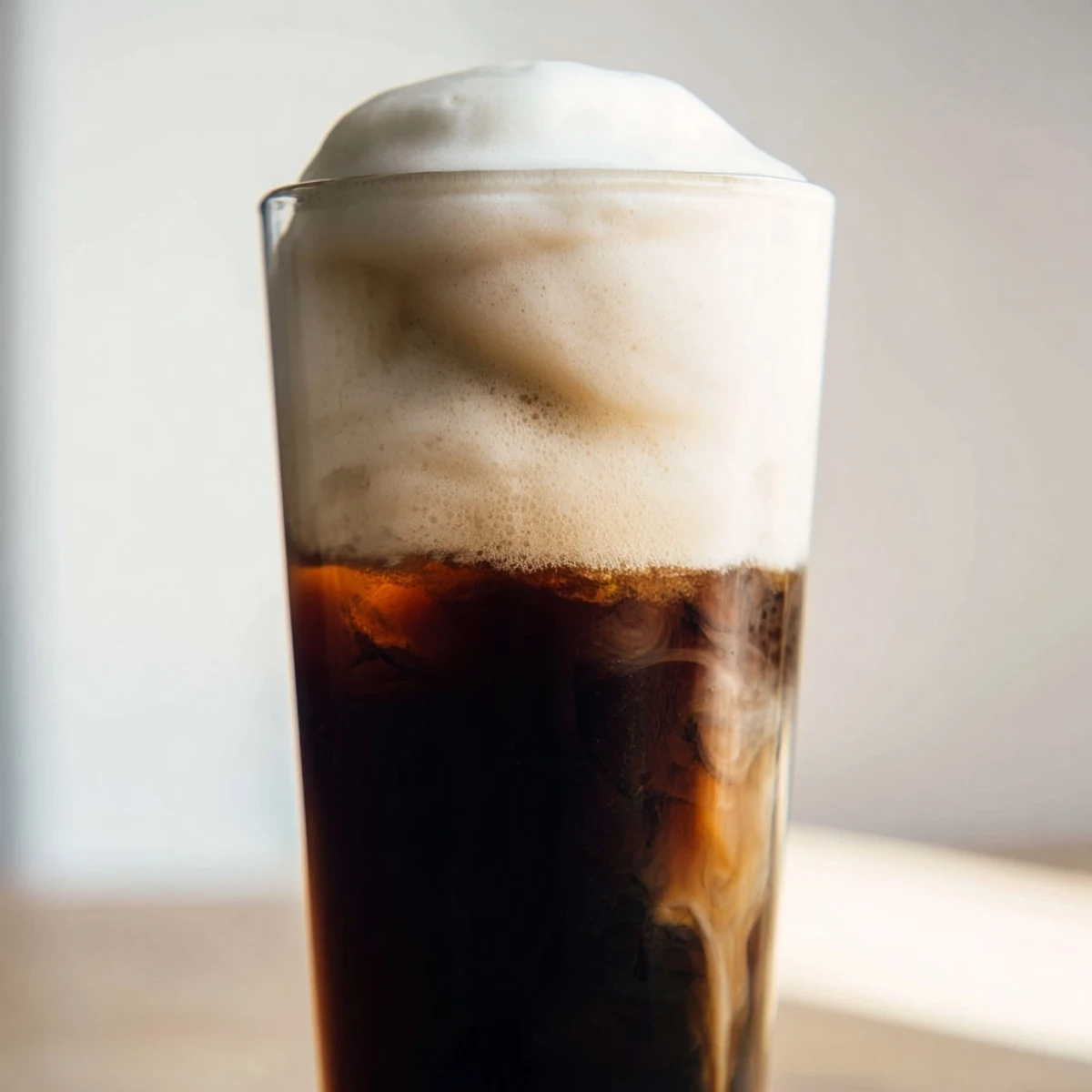 Swirled cold foam, a Starbucks copycat, is delicately spooned atop a chilled, dark coffee drink.