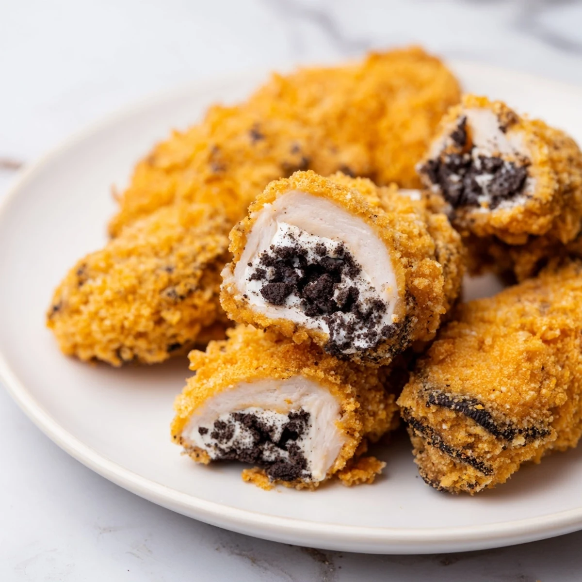 Golden crispy KFC Oreo Krusher-inspired fried chicken tenders, ready to enjoy with a sweet, savory crunch.