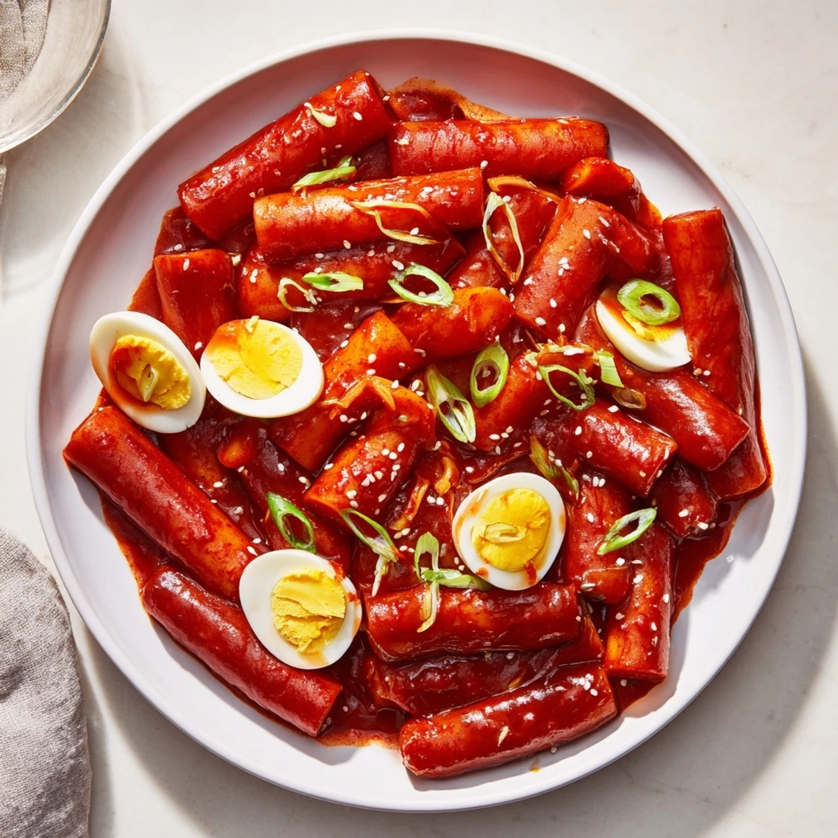 Steaming hot Korean Tteokbokki with vibrant red sauce and perfectly boiled eggs, ready to eat.