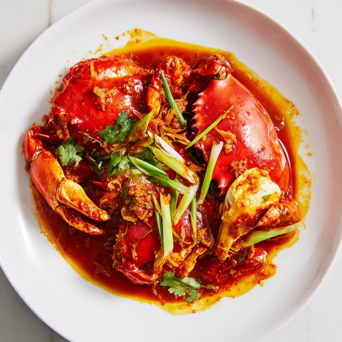 Singaporean Chili Crab, a rich red sauce coats these flavorful crab pieces and eggs.