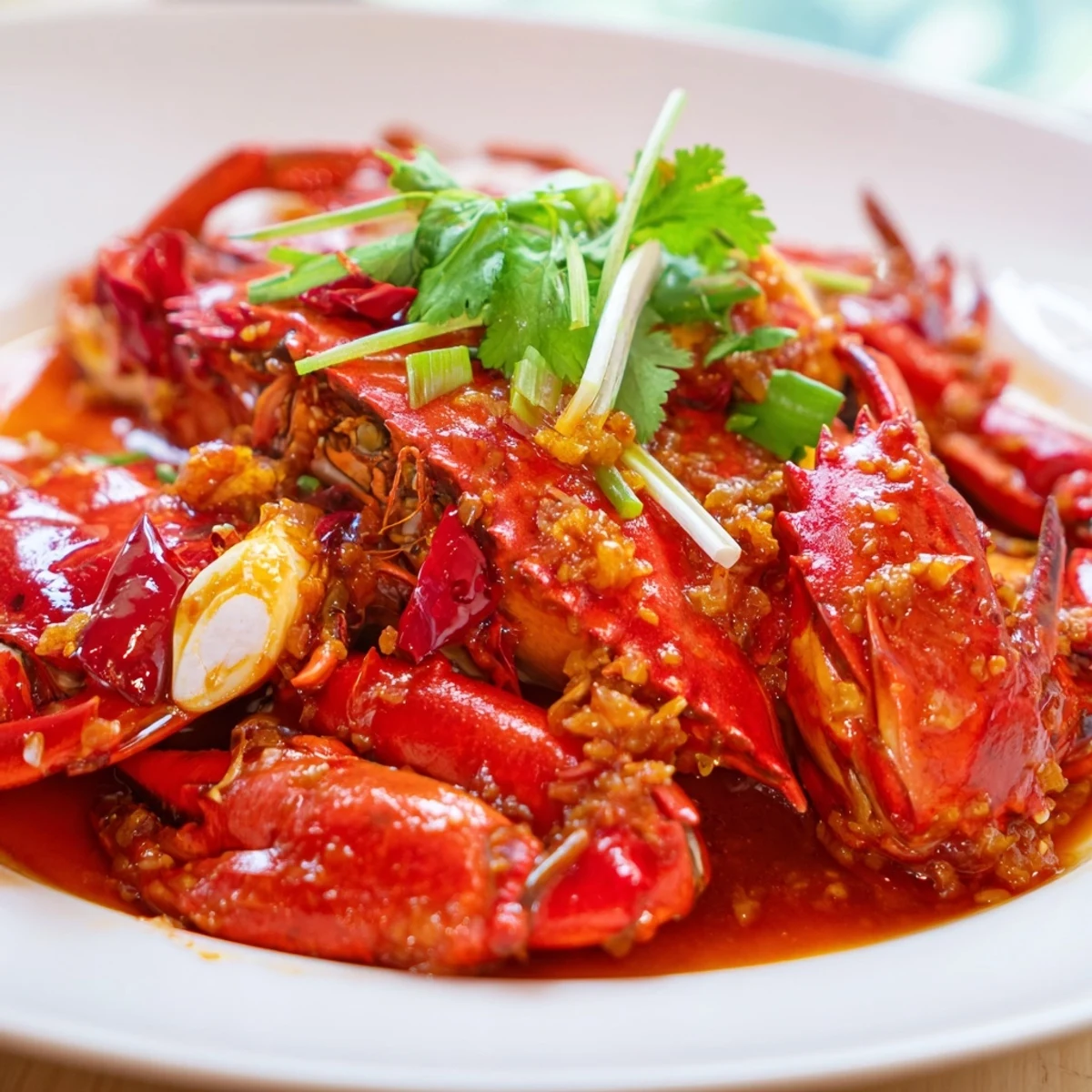 Freshly cooked Singaporean Chili Crab, glistening with a vibrant chili sauce, ready to be enjoyed.