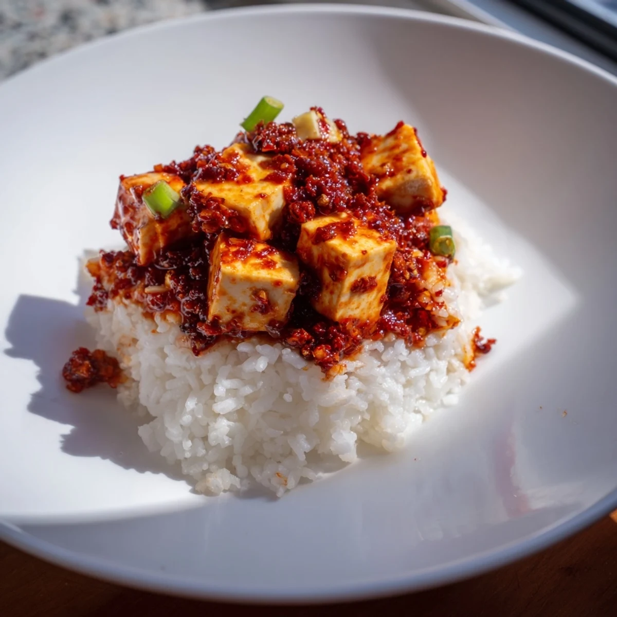 Steaming bowl of Chinese Mapo Tofu with fluffy rice, sprinkled with green onions and chili oil.