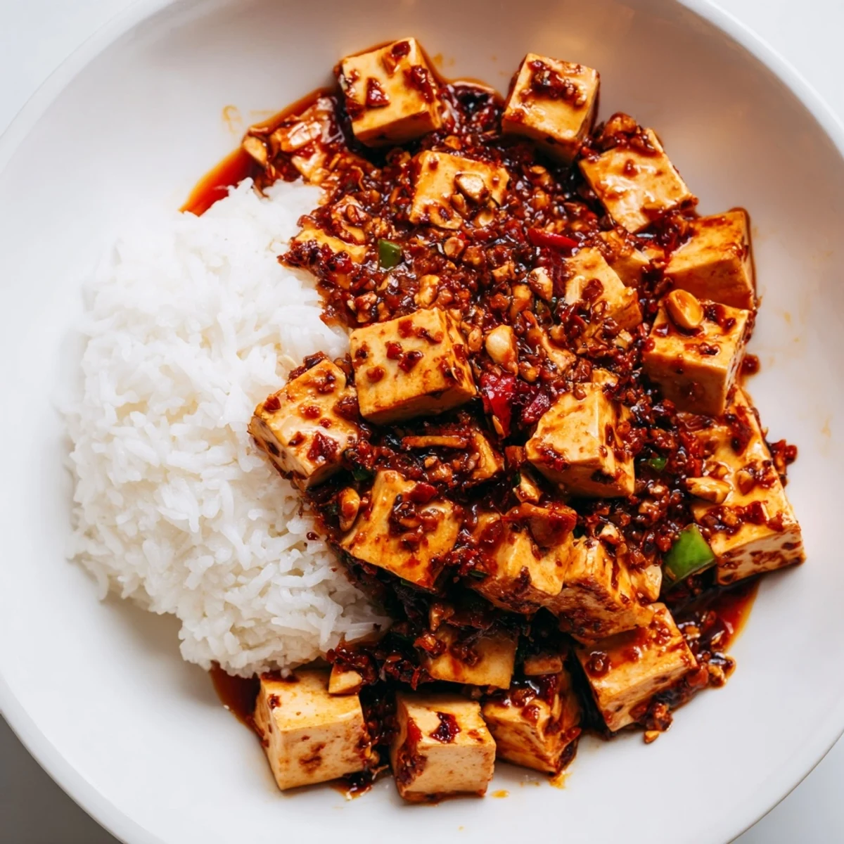 A close-up of the flavorful Chinese Mapo Tofu, showcasing the silky tofu texture and spicy sauce.