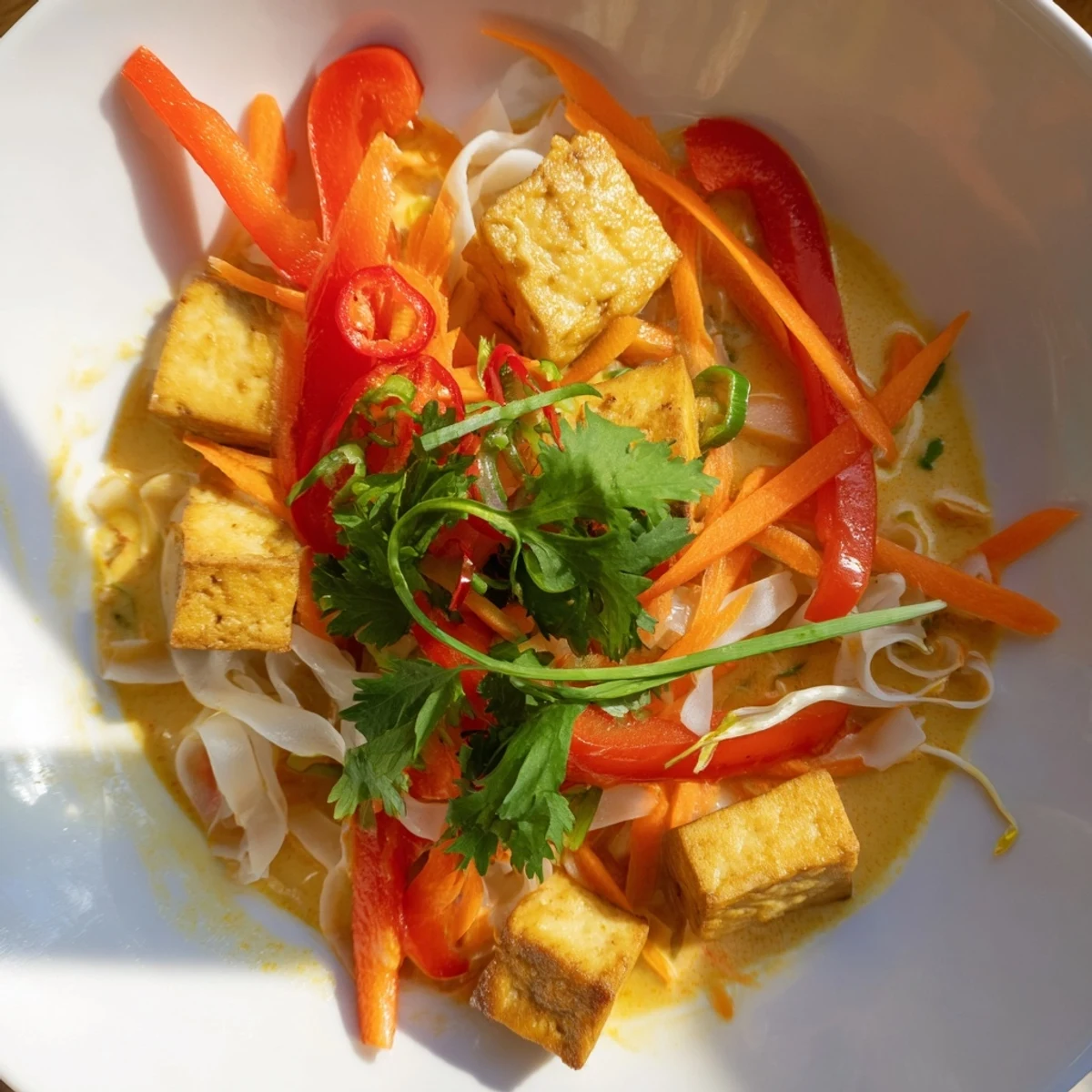 Steaming bowl of Malaysian Laksa Curry, featuring vibrant noodles, tofu, and rich coconut broth.