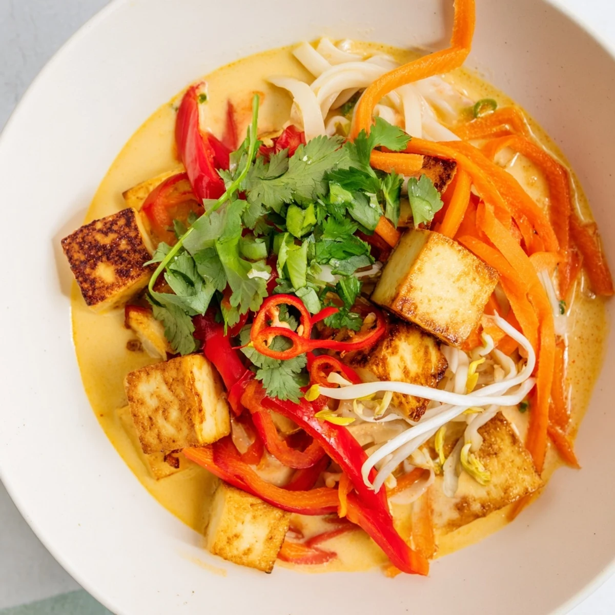 Close-up of a Malaysian Laksa Curry bowl, brimming with fresh cilantro and lime, ready to be enjoyed.
