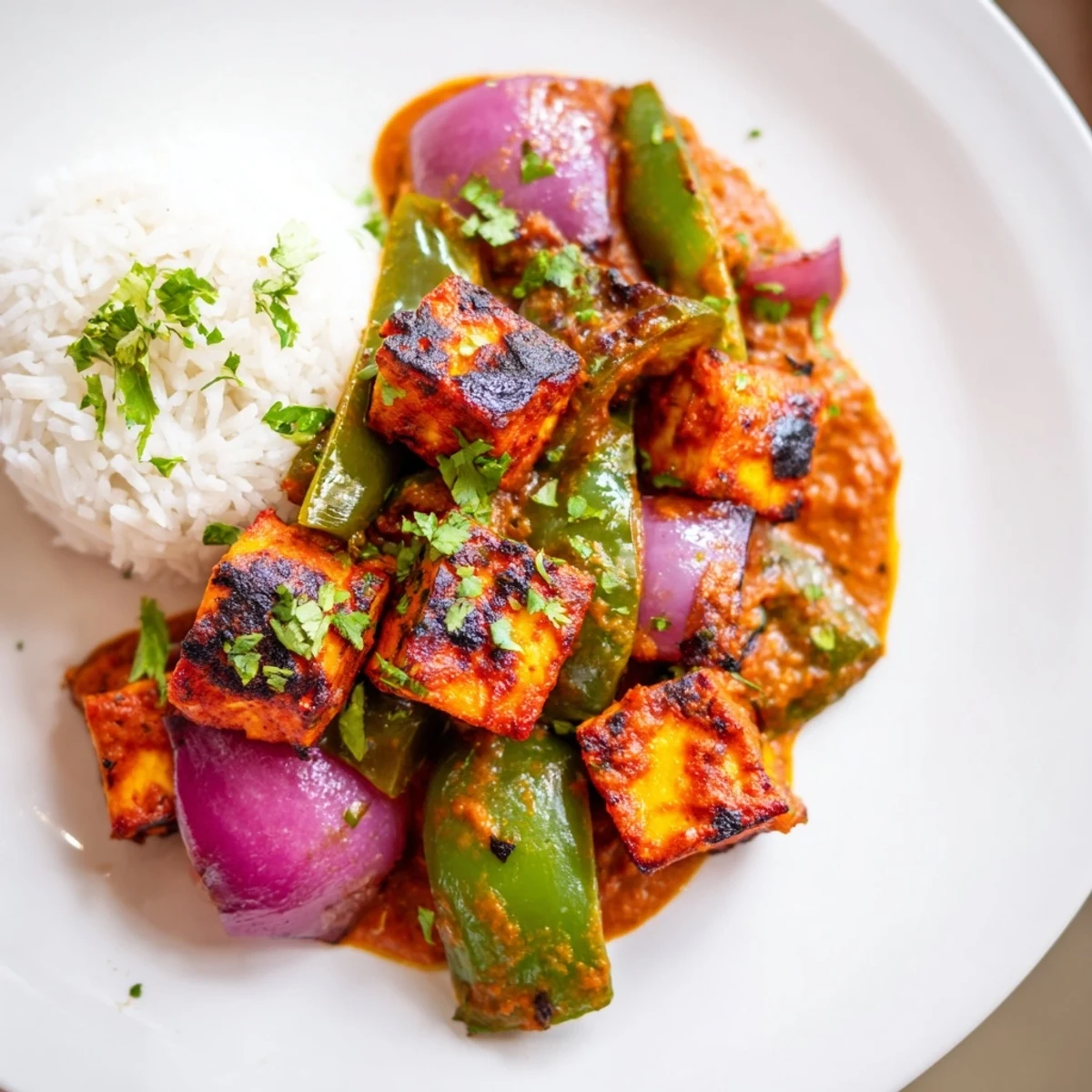 A vibrant photo of Paneer Tikka Masala, the cheesy cubes visible in a rich, creamy sauce.