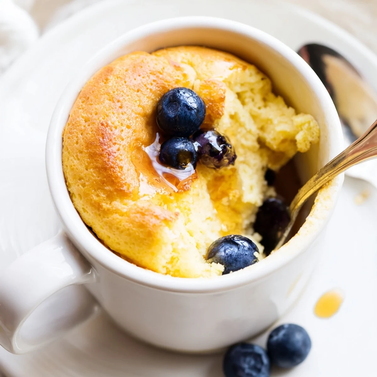 A single fluffy microwave mug pancake topped with maple syrup and fresh blueberries, served right in a ceramic mug.  