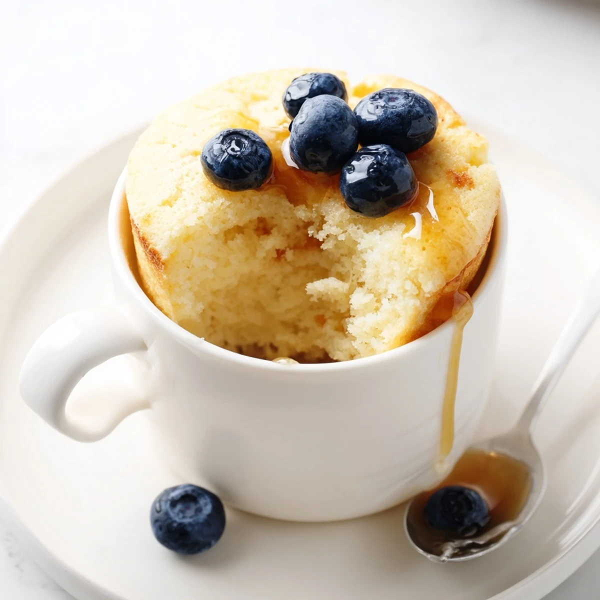 Steaming microwave mug pancake rising high in a white mug, dusted with powdered sugar and ready to be enjoyed.