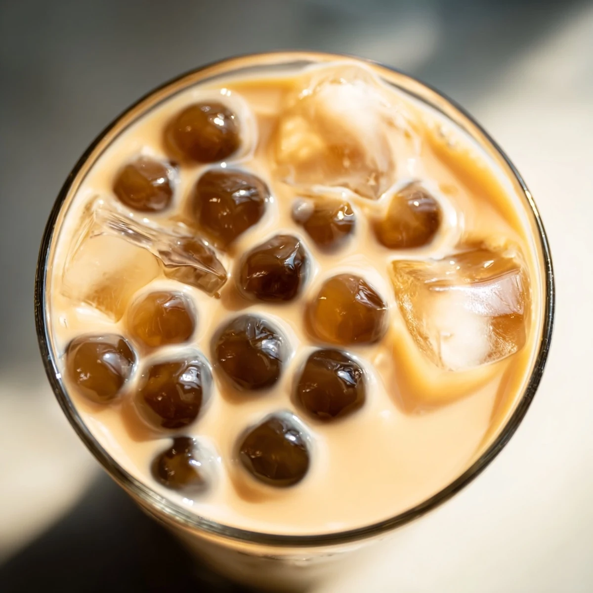 Creamy Boba Tea Hack with chewy tapioca pearls and sweetened condensed milk, poured over ice in a tall glass.