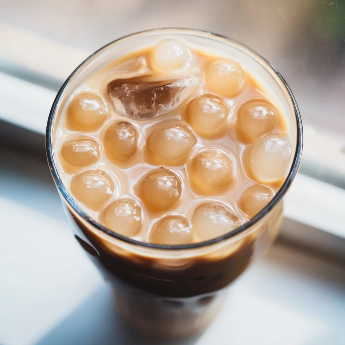 Refreshing Boba Tea Hack in a glass with dark boba pearls, creamy milk tea, and condensation on the side.