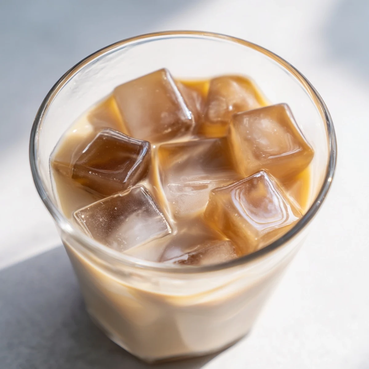 A close-up of bouncy coffee jelly cubes swimming in creamy milk, served in a clear glass with a straw, showcasing a refreshing coffee jelly drink.