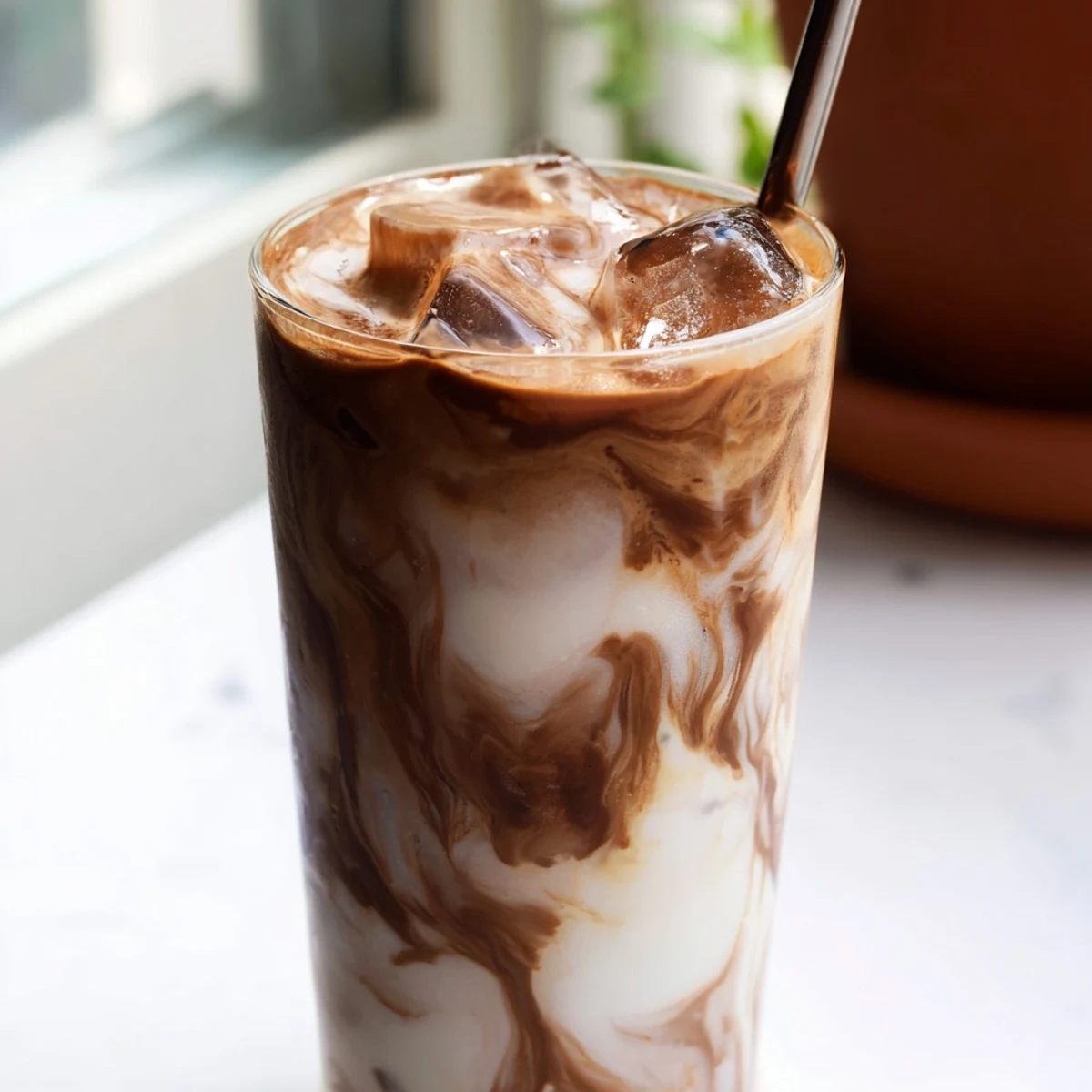 A tall glass of iced Milo latte with swirling chocolate malt powder, ice cubes, and milk for a refreshing afternoon pick-me-up.