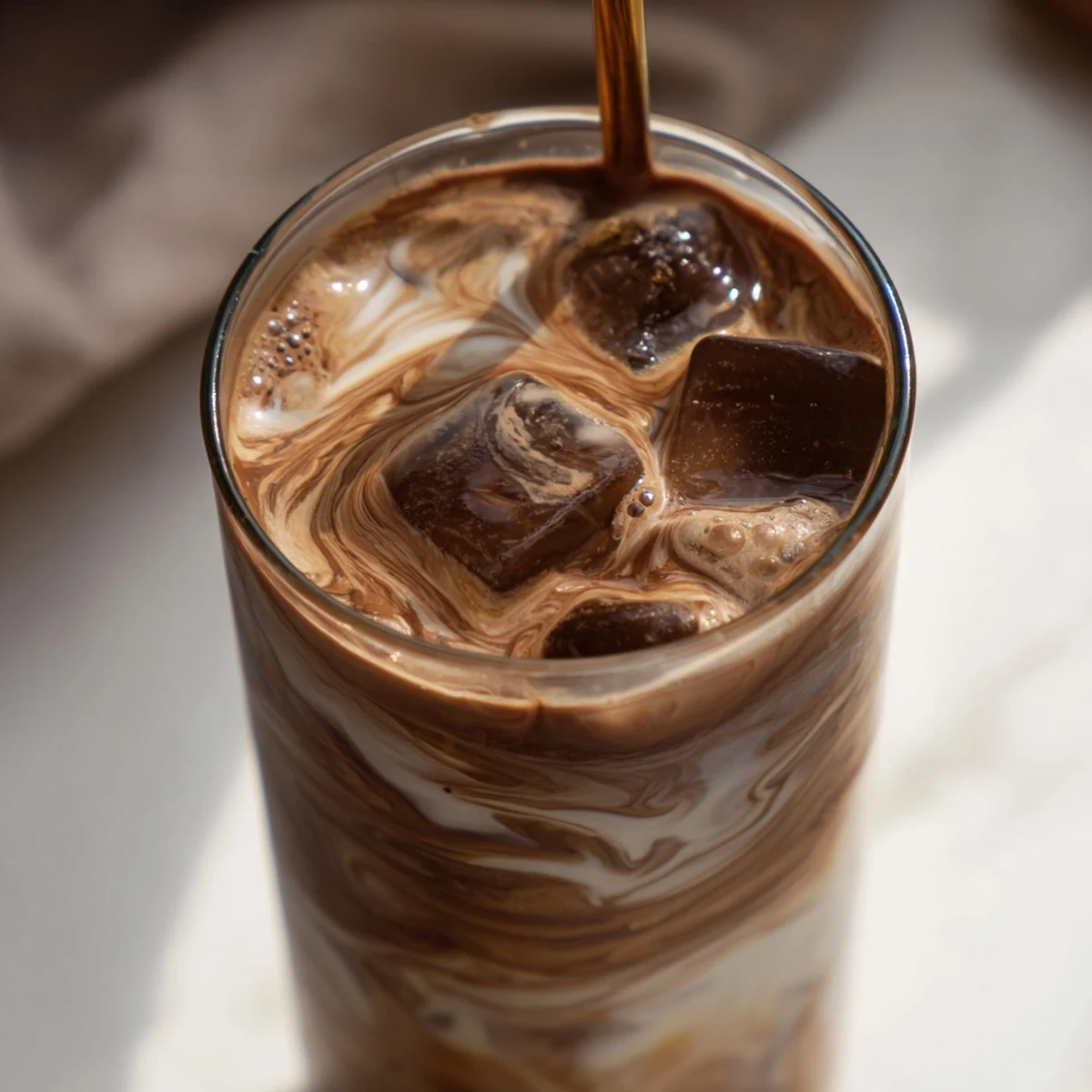Overhead view of the easy 5-minute Milo Ice Latte Hack, with a straw and a dusting of cocoa powder on the frosty surface.