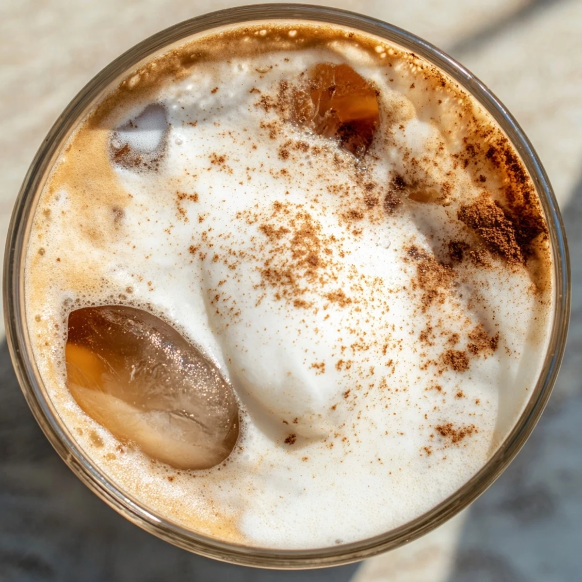 Glistening iced chai tea with cold foam is layered over ice in a clear glass, garnished with a dusting of ground cinnamon for a spicy, refreshing sip.