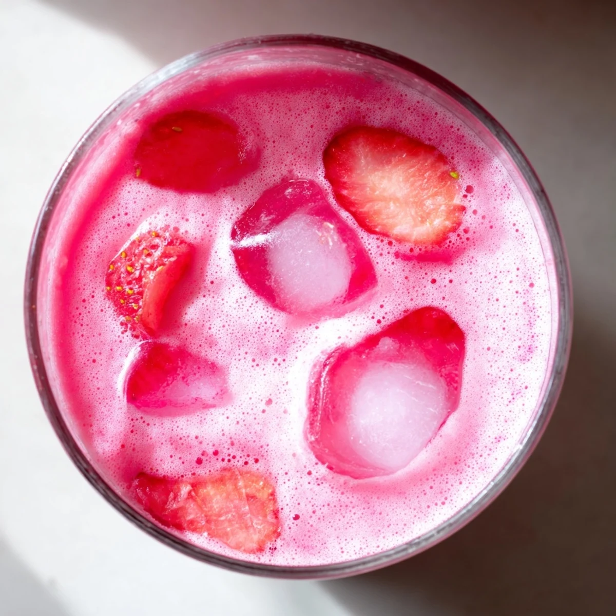 Refresher Copycat Pink Drink served over ice with fresh strawberry slices and a swirl of pink strawberry syrup.