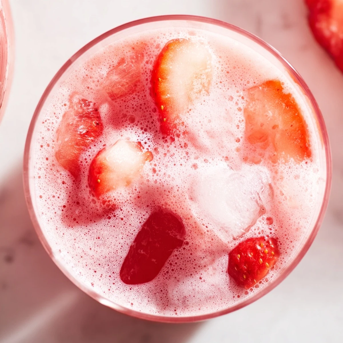 Two chilled glasses of Refresher Copycat Pink Drink garnished with strawberries, ready to enjoy on a sunny afternoon.