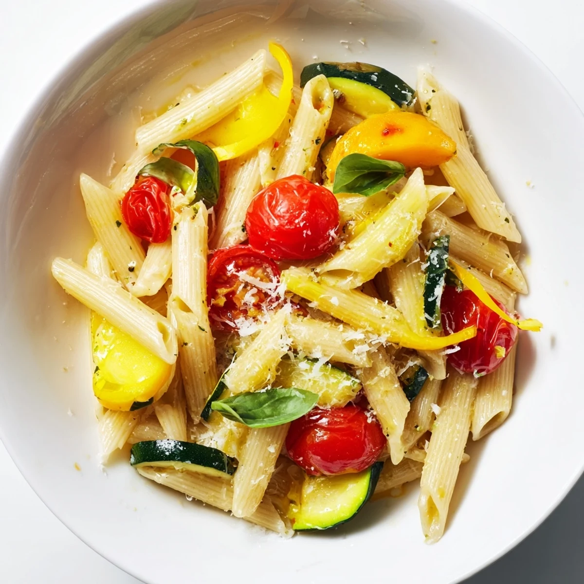 Golden Garden Veggie Pasta with sautéed zucchini, yellow squash, and juicy cherry tomatoes in garlic olive oil, garnished with fresh basil.