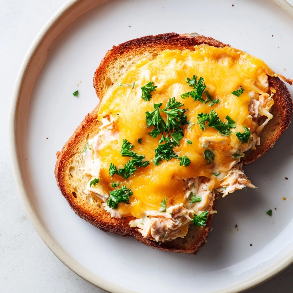 Golden, crispy sourdough slices encase zesty tuna salad with gooey melted cheddar in this Spicy Tuna Melt, served hot.  