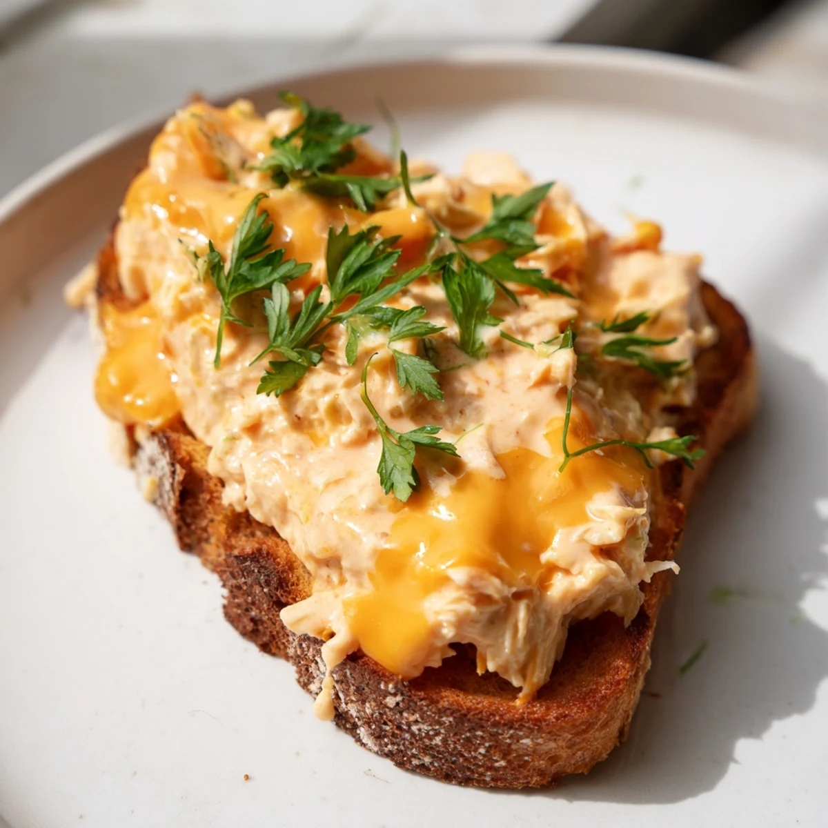 A close-up of a Spicy Tuna Melt reveals spicy tuna salad and melted pepper jack cheese on buttery toasted bread.  