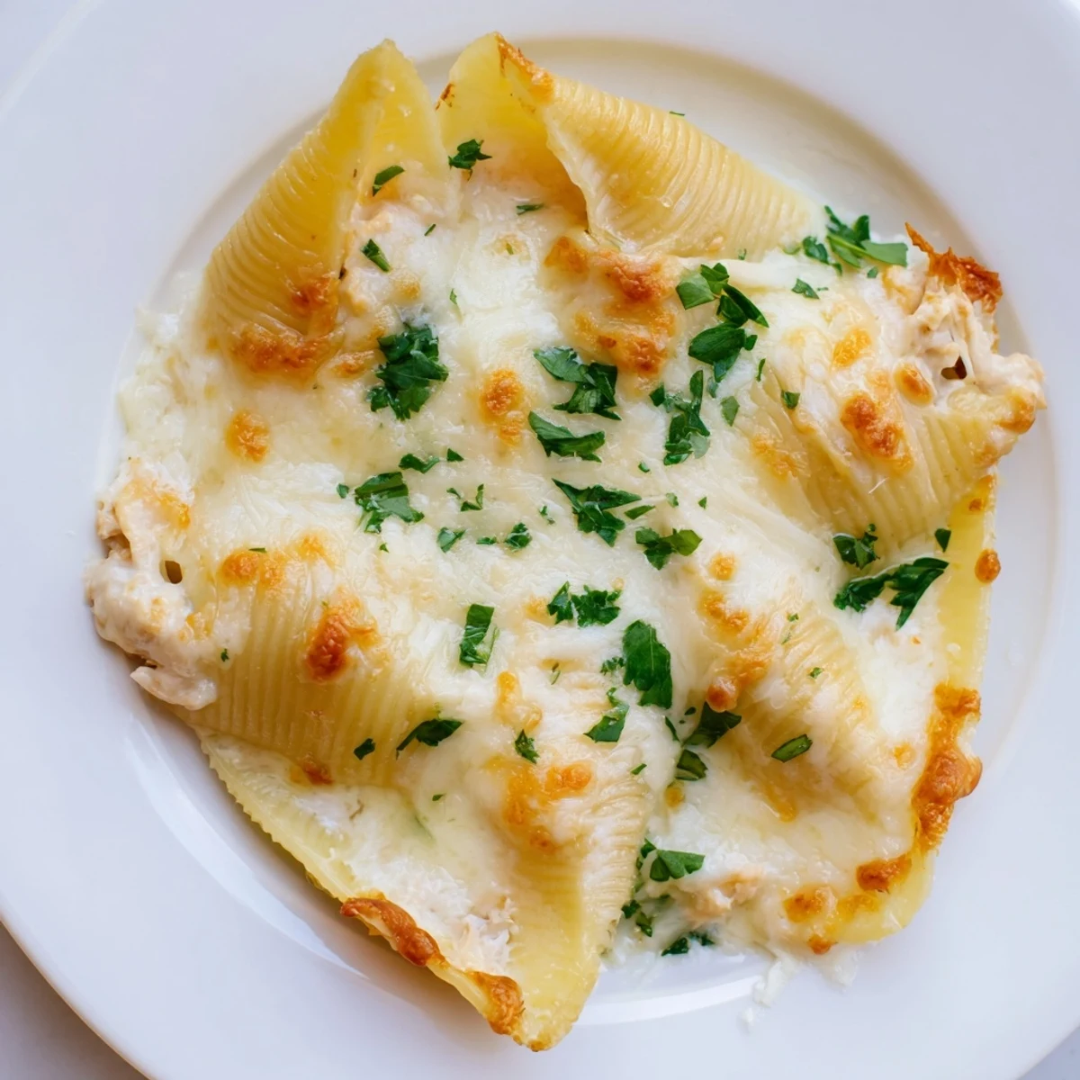 Golden-brown baked Chicken Alfredo Stuffed Shells emerge from the oven, their rich cheese filling bubbling inside tender pasta.