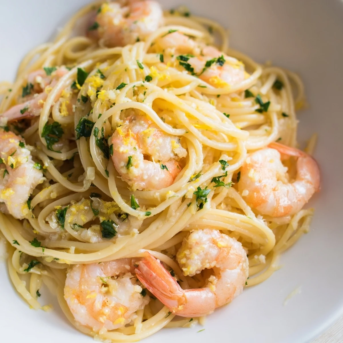 Freshly cooked Lemon Garlic Shrimp Pasta glistens in a skillet, featuring plump pink shrimp tossed with spaghetti in a buttery, lemony garlic sauce.  