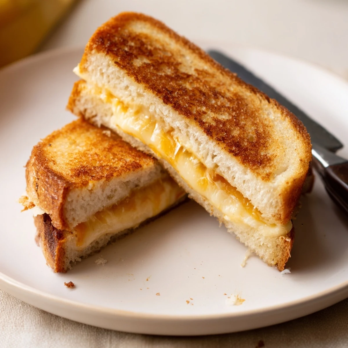 Crispy, golden-brown Three-Cheese Grilled Cheese sandwich overflowing with melted mozzarella, cheddar, and provolone on a rustic skillet.