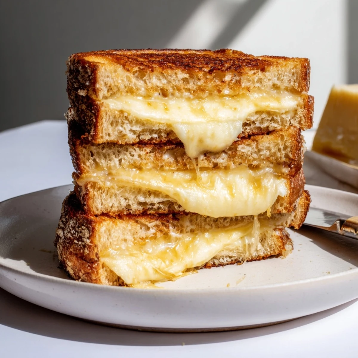 Close-up of a gooey Three-Cheese Grilled Cheese, showcasing the decadent, melty filling and buttery, crispy exterior crust.