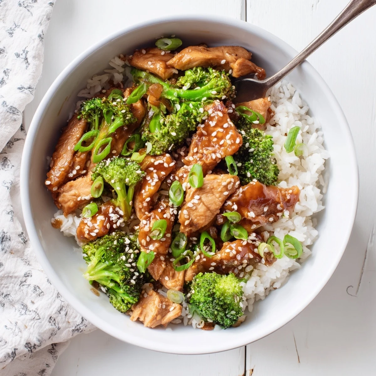 Flavorful Sweet Chili Chicken Bowl with tender glazed chicken, fluffy rice, and steamed broccoli florets.  