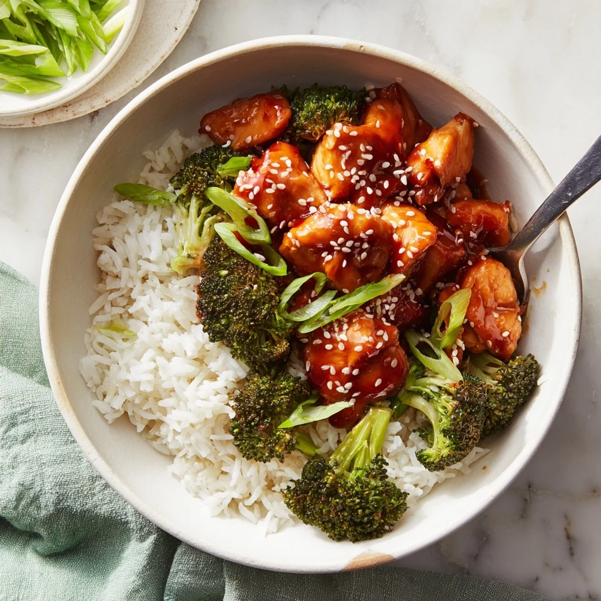Savory Sweet Chili Chicken Bowl garnished with green onions and sesame seeds, ready to enjoy.