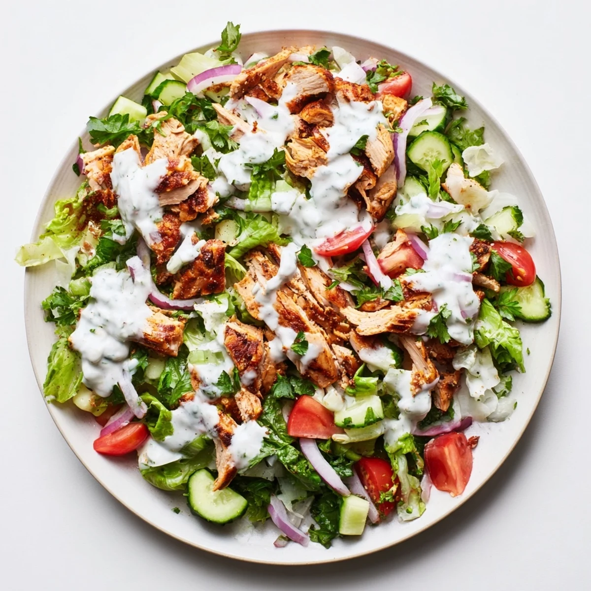 Sliced grilled chicken on a bed of mixed greens with diced tomatoes and cucumbers, drizzled with creamy yogurt dressing, ready to serve.