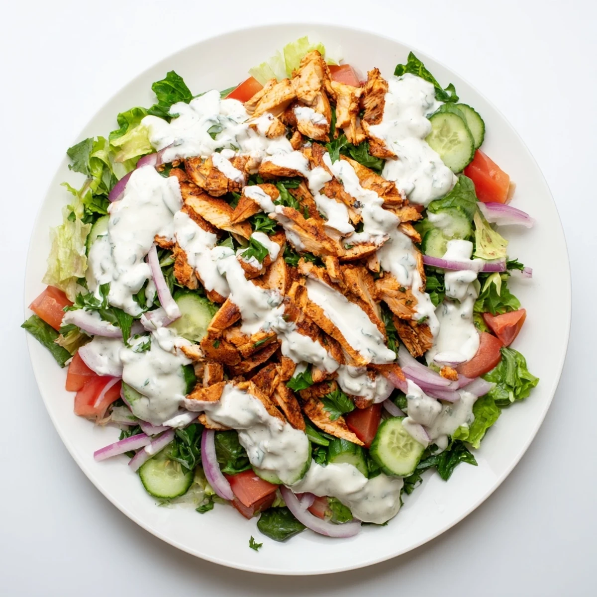 A vibrant bowl of Chicken Shawarma Salad featuring colorful vegetables and succulent, charred chicken, perfect for a healthy main dish.