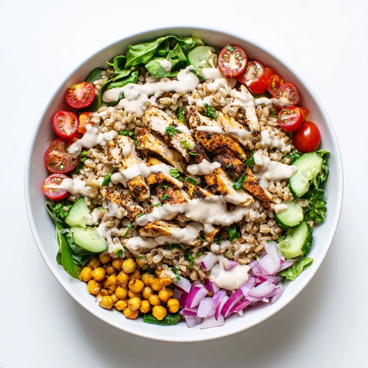 A close-up of the Lemon Tahini Chicken Power Bowl reveals colorful cherry tomatoes and cucumber, perfect for a healthy meal.