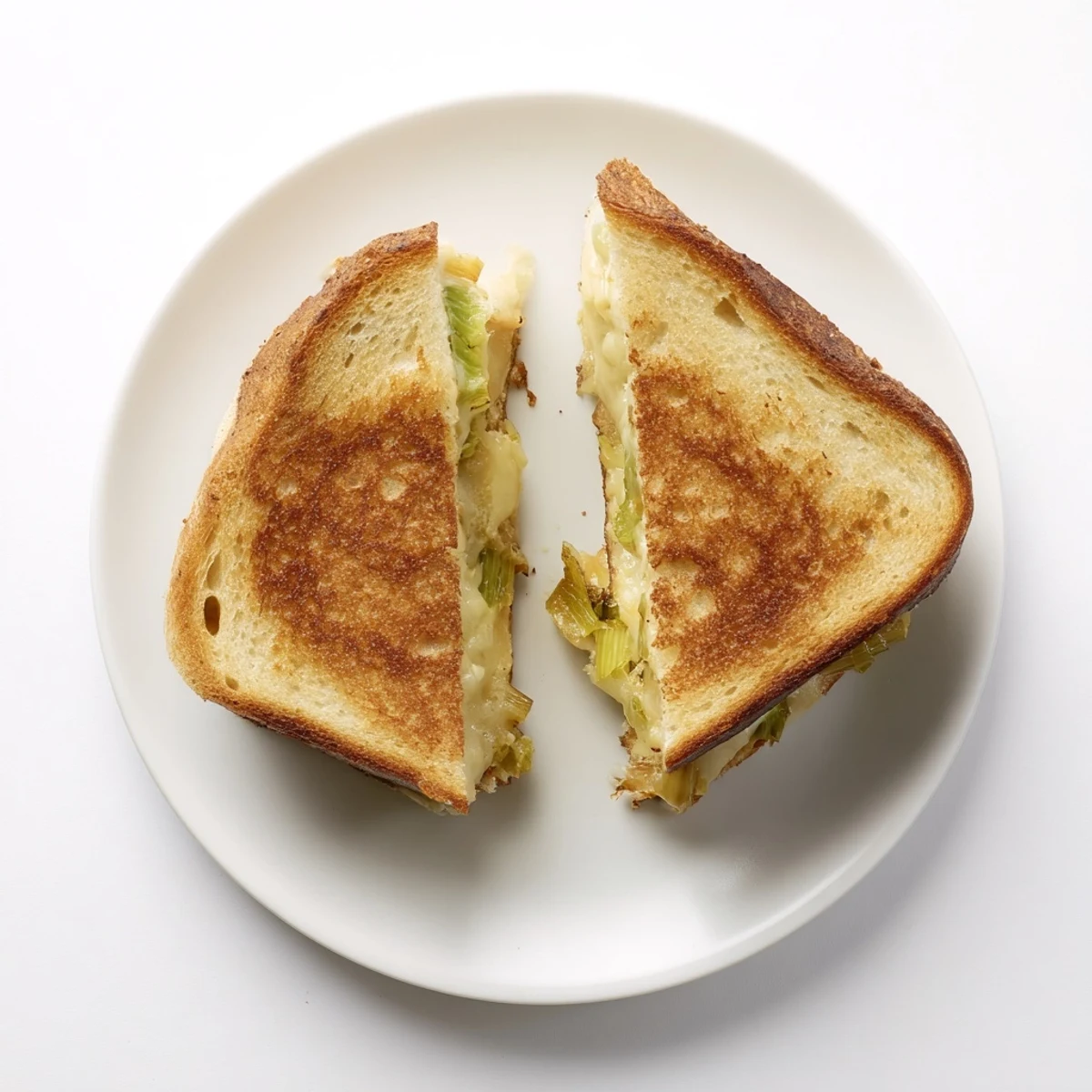 Golden-brown Havarti & Caramelized Leek Grilled Cheese slices on a rustic plate, revealing melted cheese and sweet leek filling.  