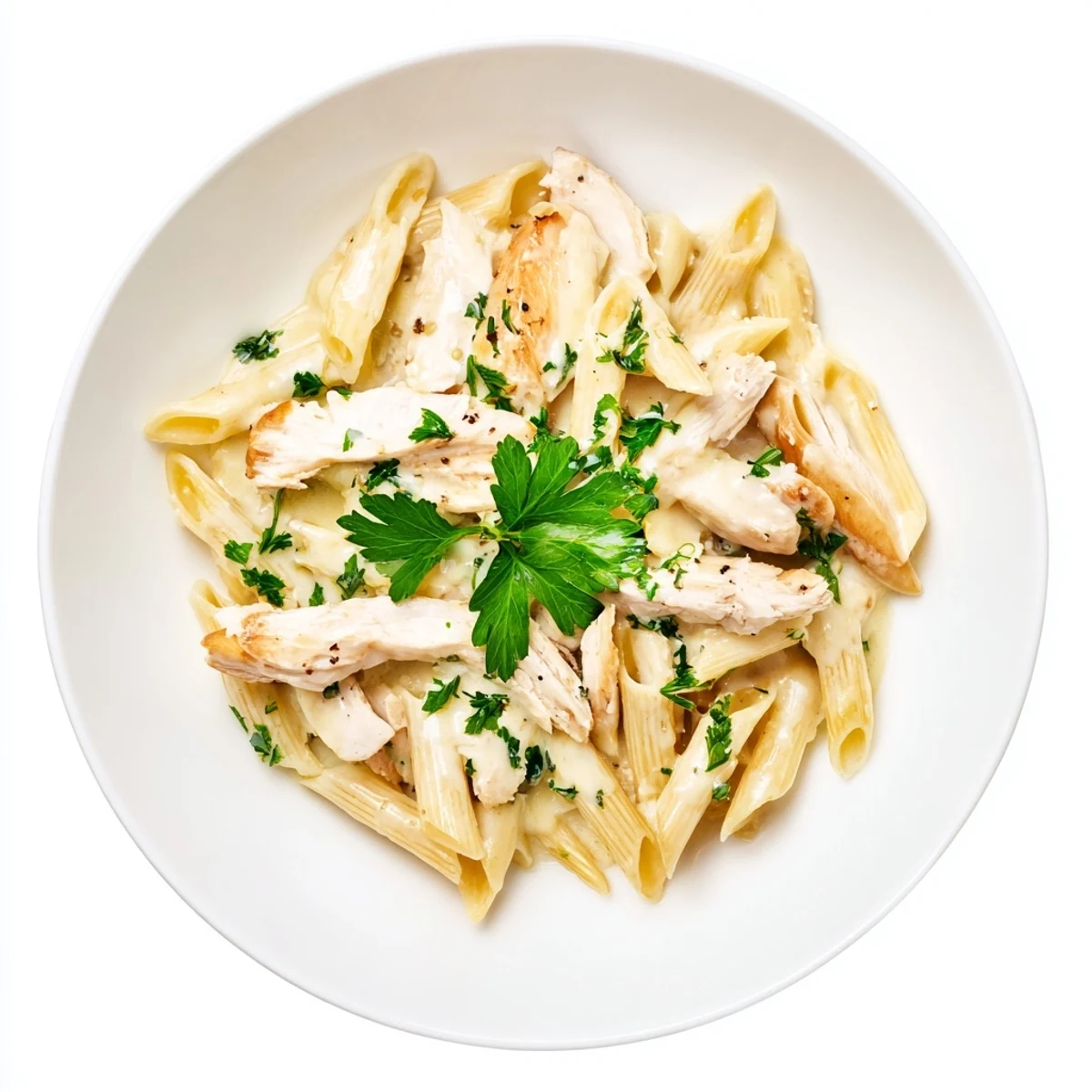 Golden roasted chicken and al dente penne pasta coated in a creamy, roasted garlic sauce, garnished with fresh parsley and extra Parmesan.
