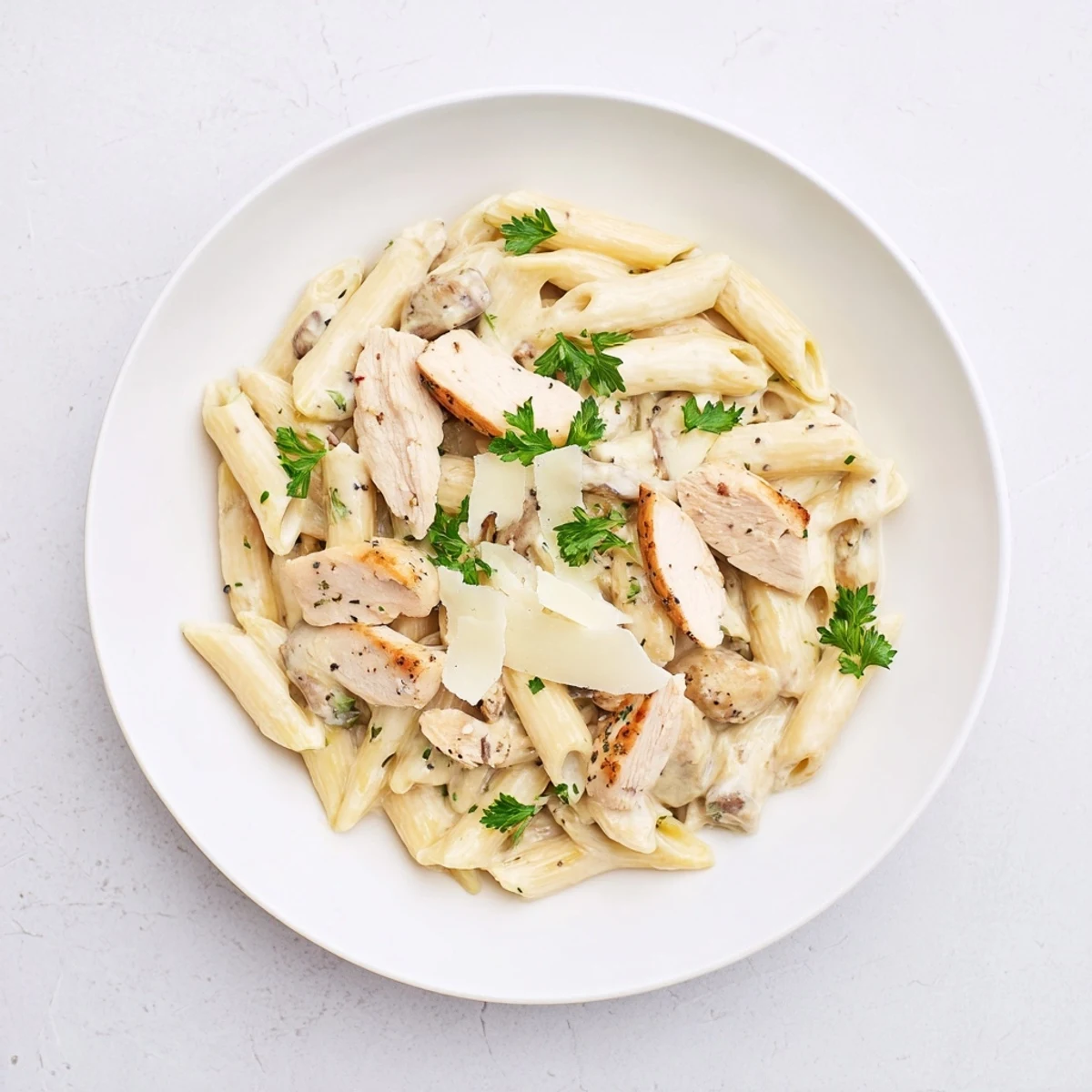 Serving suggestion for Roasted Garlic Chicken Penne: steaming pasta dish ready to enjoy, paired with a glass of crisp white wine.