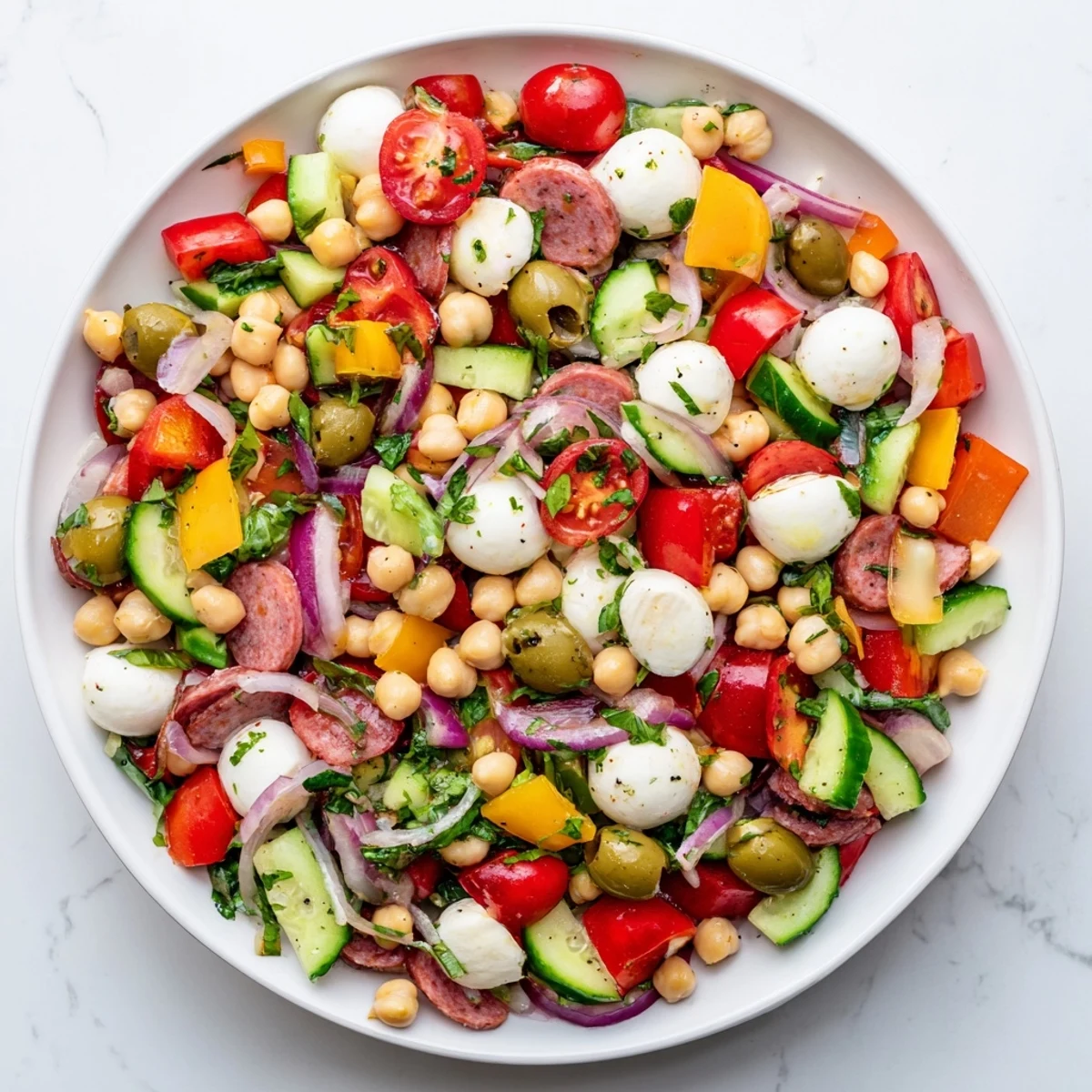 A close-up of the colorful Crunchy Antipasto Chopped Salad ready to be served for lunch.