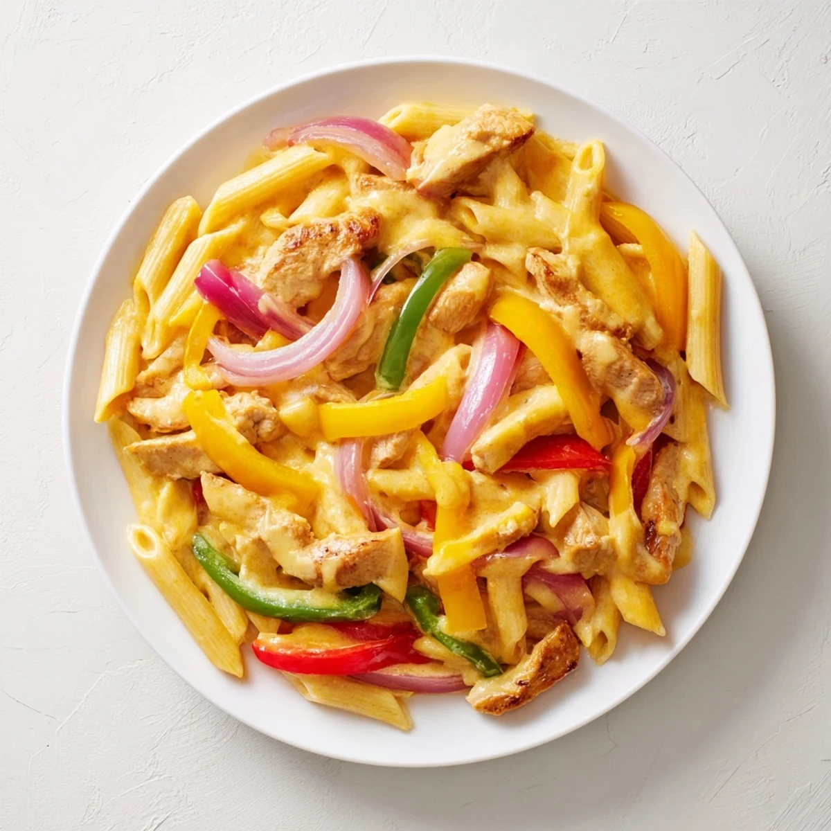 Steaming Fajita Chicken Pasta Skillet with melted cheddar and mozzarella, colorful peppers and onions in a creamy sauce.