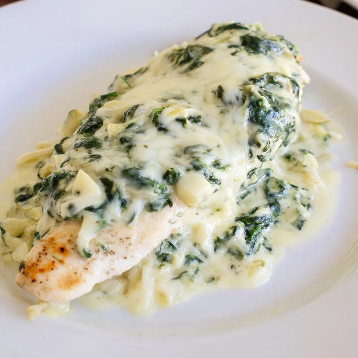 Golden, bubbling Spinach & Artichoke Chicken Bake fresh from the oven, served with rice and a fresh salad.  