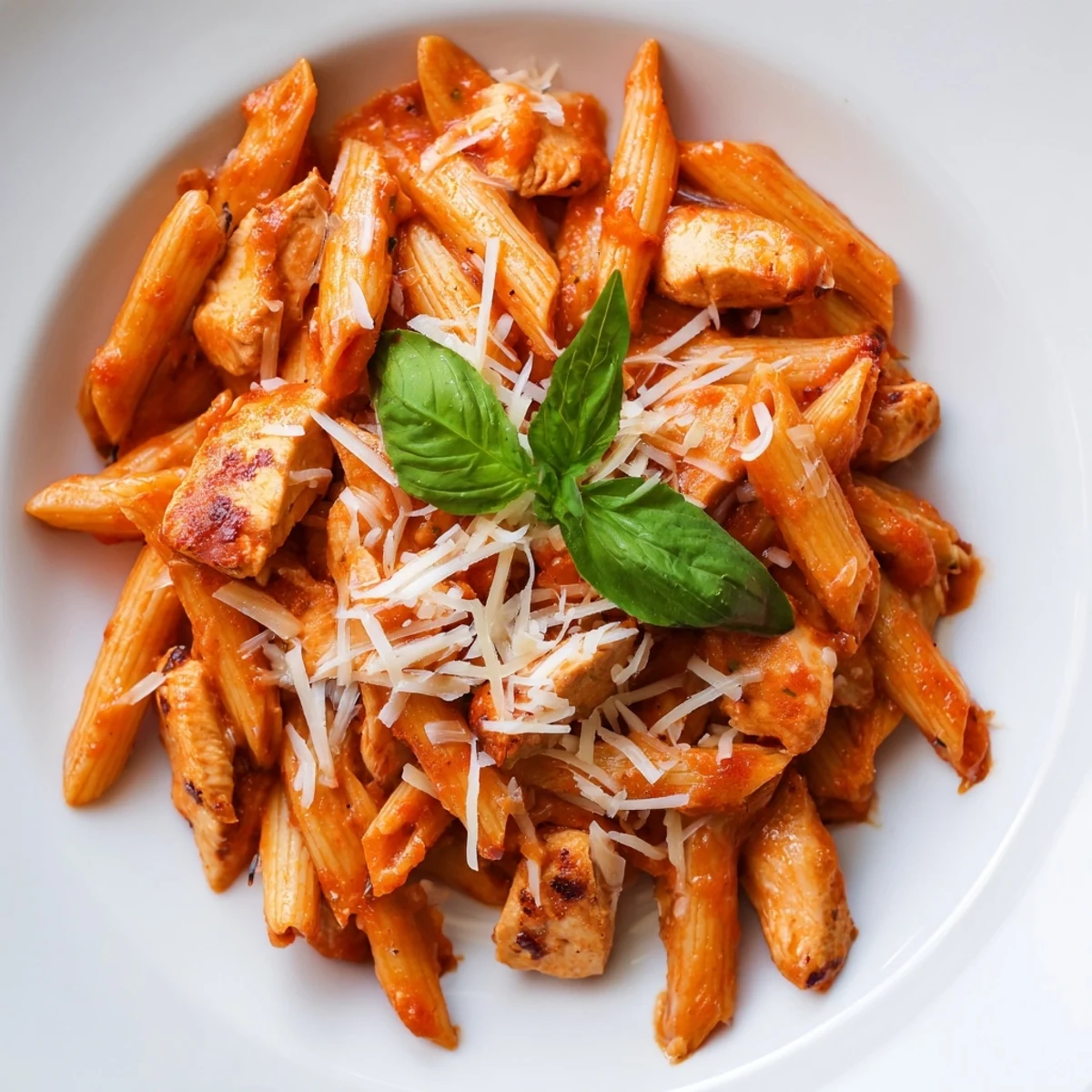 Perfect for a weeknight dinner, this Tomato Basil Chicken Pasta features al dente penne coated in a vibrant, aromatic tomato-basil sauce.