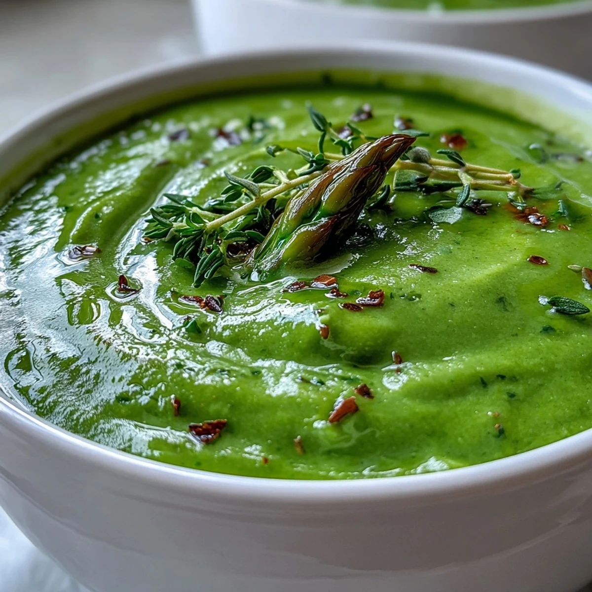 A vibrant bowl of Big Green Immunity-Boosting Vegetable Soup, featuring creamy spinach, asparagus, and broccoli garnished with a lemon wedge.