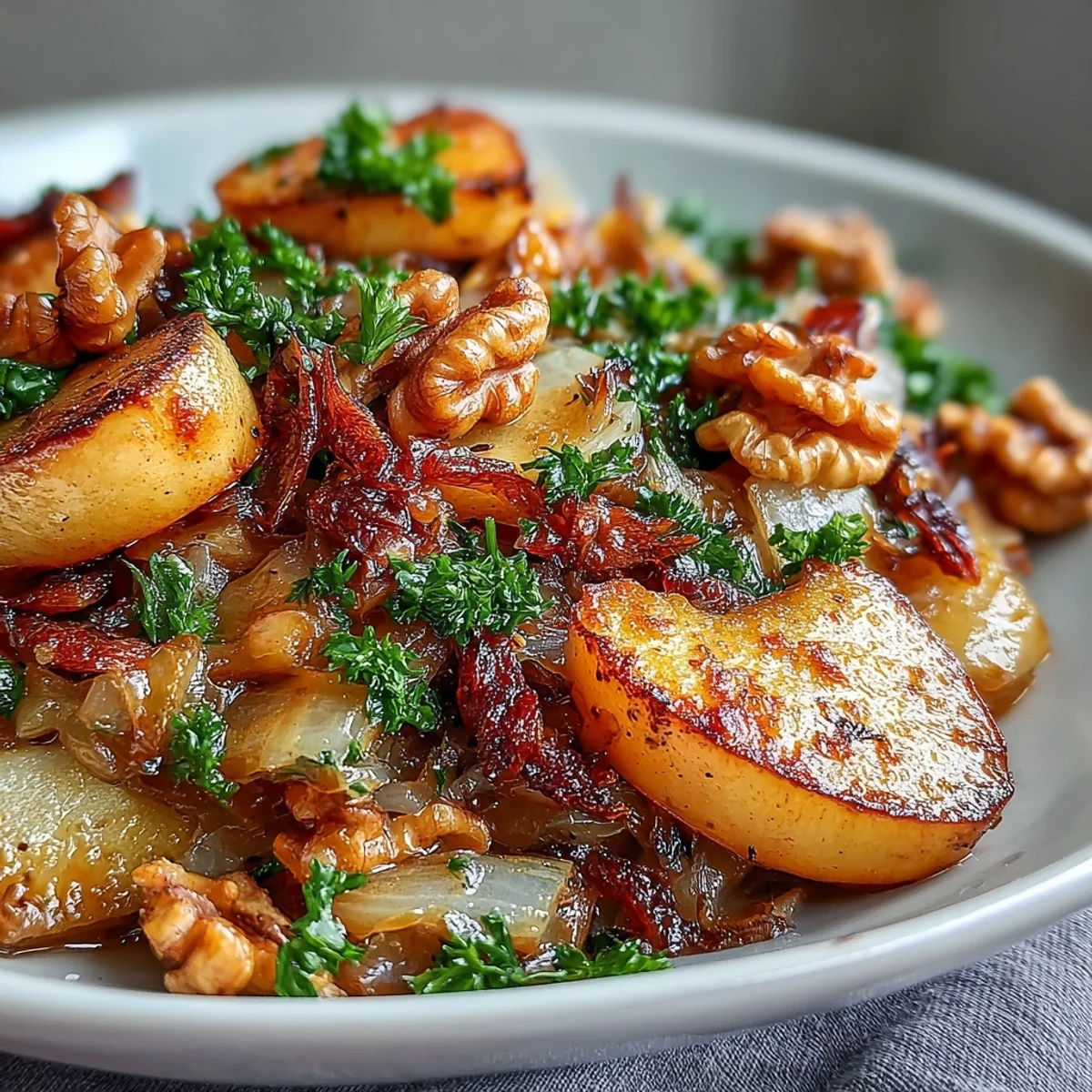 Tangy warm apple and sauerkraut skillet salad, glistening with olive oil and fresh parsley.