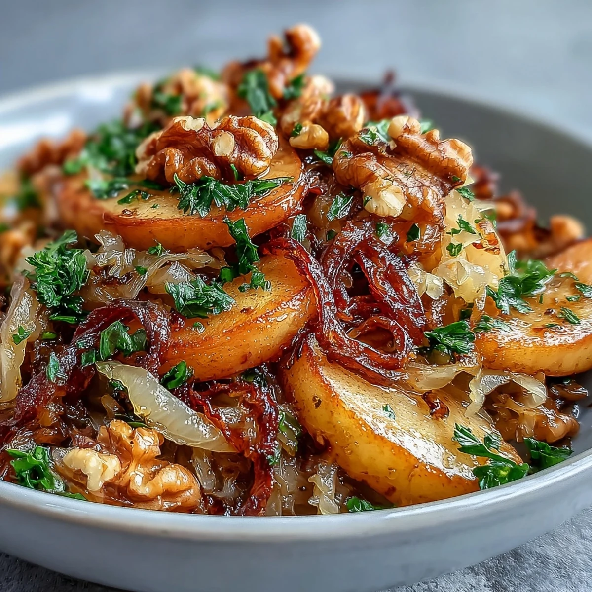 Hearty German-inspired apple sauerkraut skillet salad, ready to be served warm.