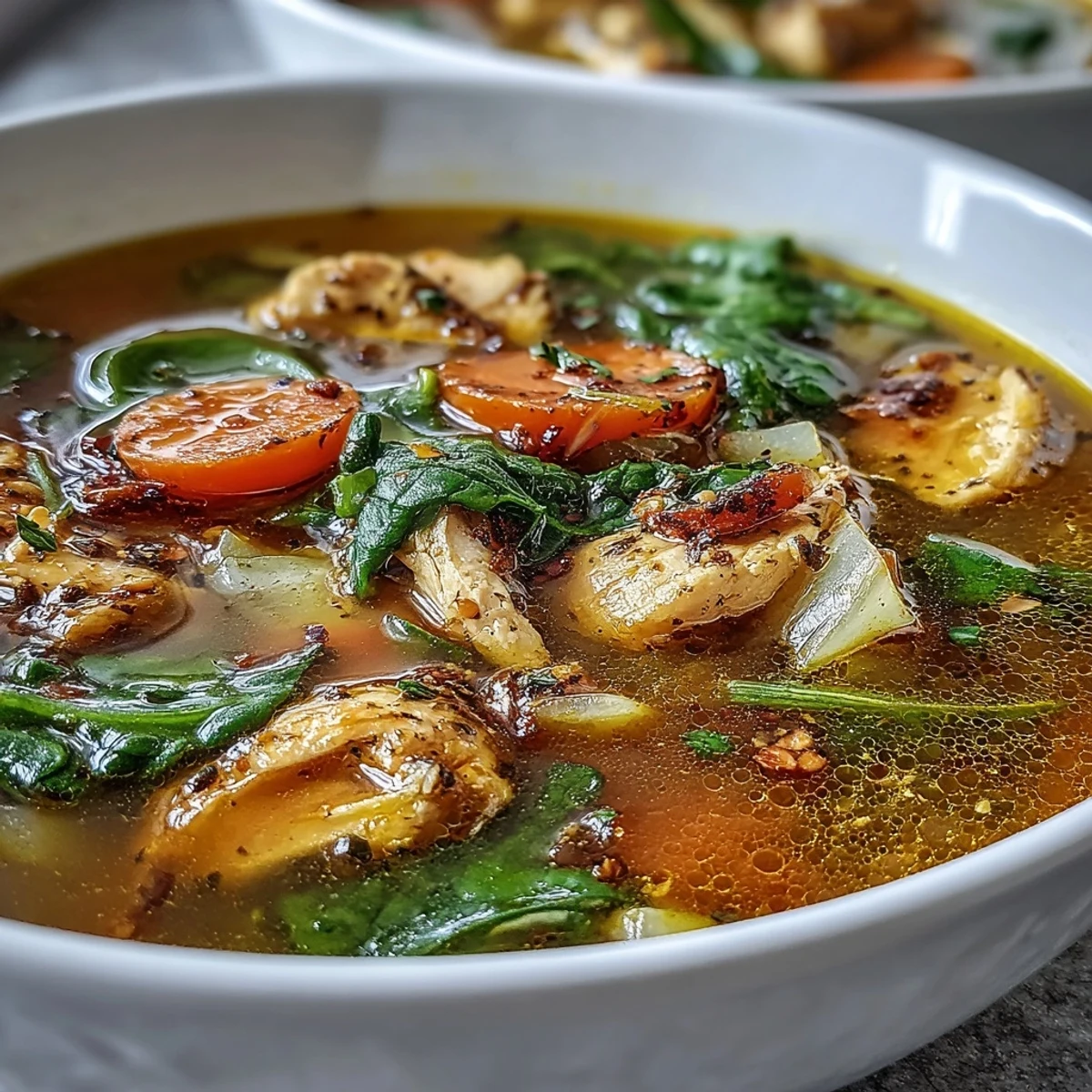 Steaming golden Turmeric Chicken Soup in a rustic bowl, garnished with fresh parsley and vibrant lemon slices for a cozy, healthy meal.  