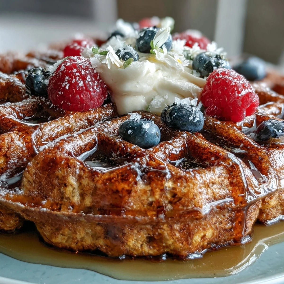 Golden Anti-Inflammatory Adaptogenic Turmeric Waffles garnished with fresh berries and a maple drizzle on a rustic plate.  