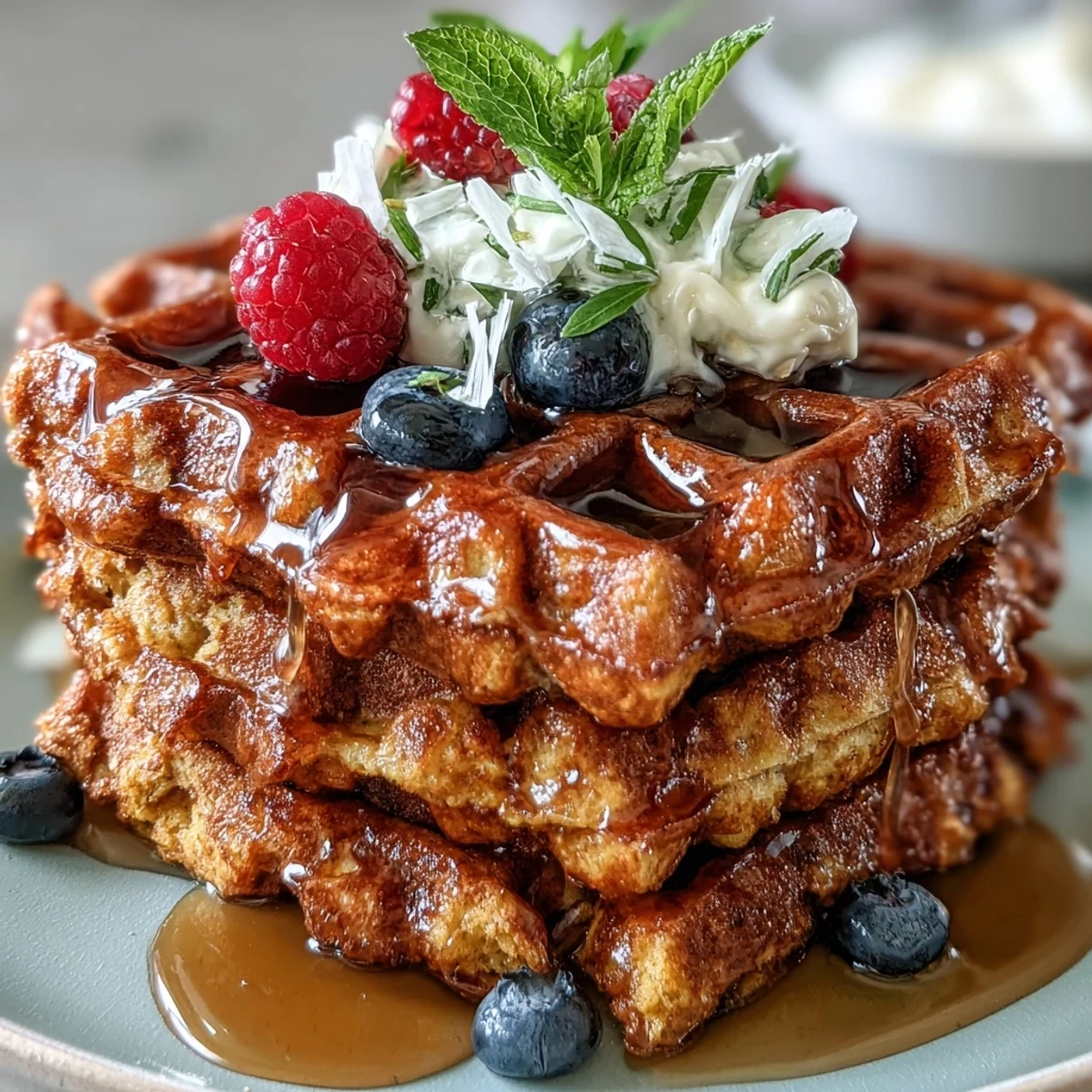 Stack of Anti-Inflammatory Adaptogenic Turmeric Waffles topped with yogurt, sliced banana, and chopped nuts for breakfast.