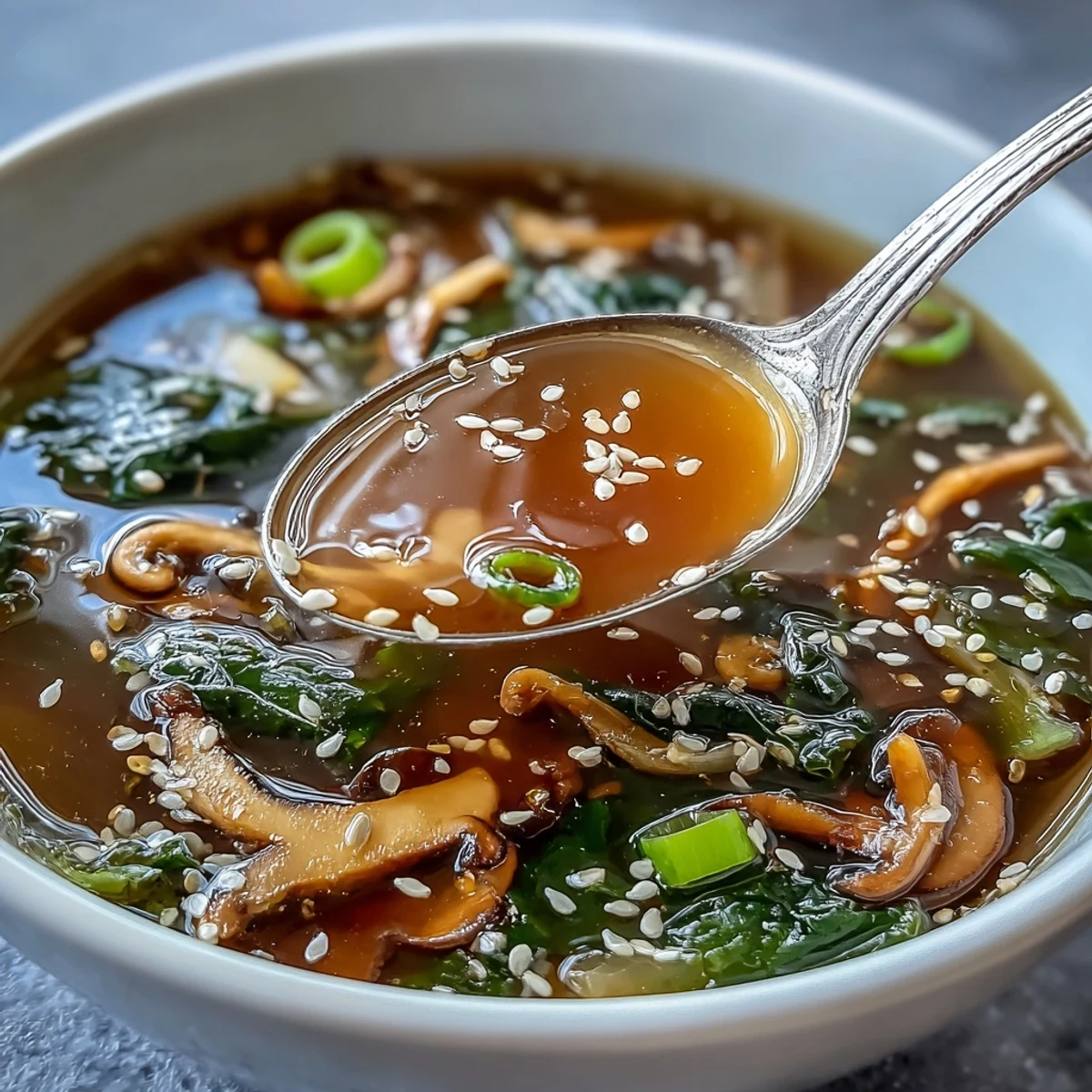 A close-up of Ginger-Miso Winter Soup showcases silken tofu cubes and sliced scallions floating in the savory, umami-rich broth.