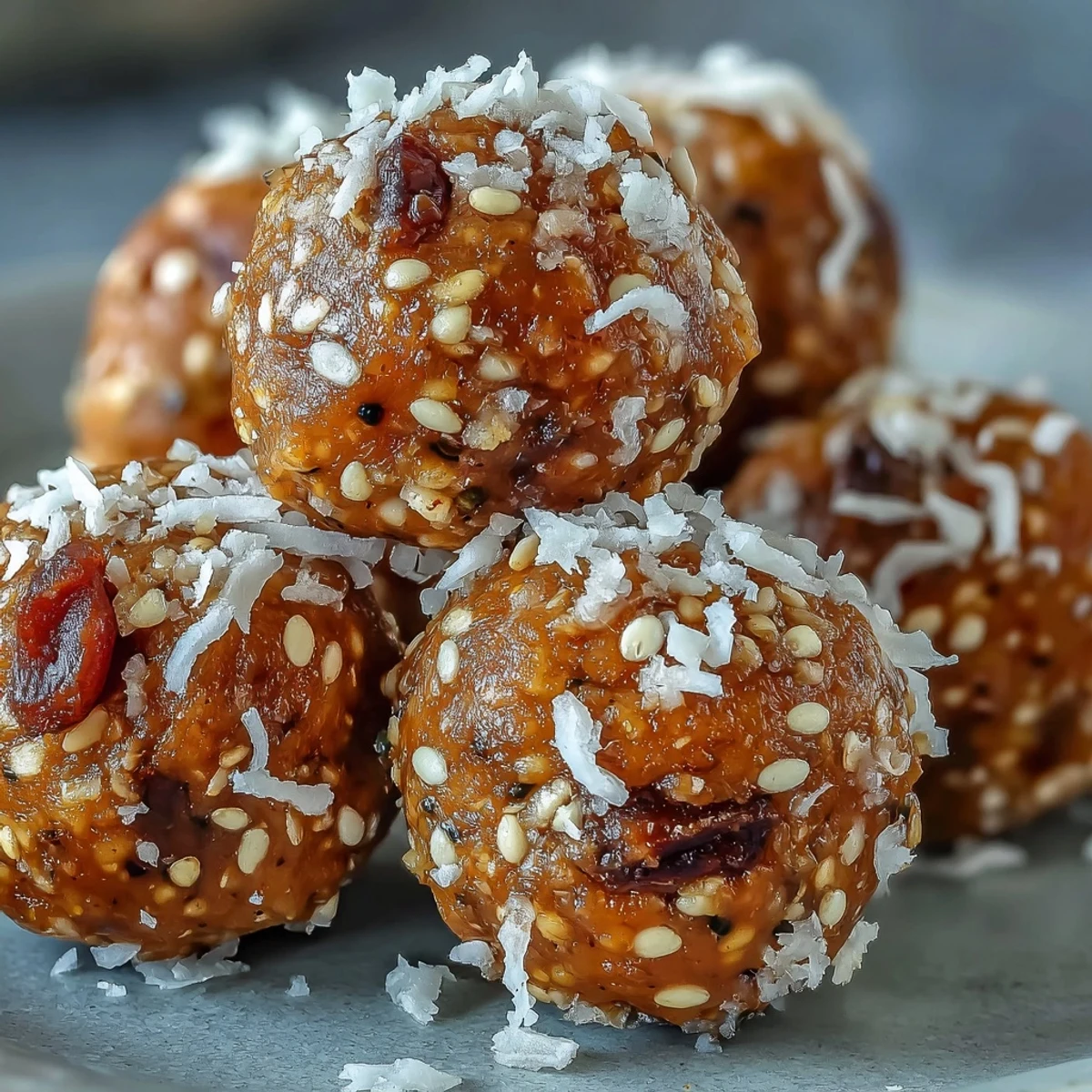 Close-up of no-bake Ginger Turmeric Energy Balls, with visible oats and hemp seeds, perfect for an energizing on-the-go boost.