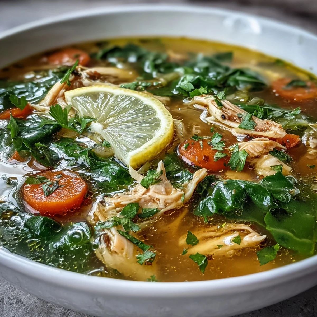 A close-up view of steaming High Protein Lemon and Turmeric Chicken Soup, featuring tender shredded chicken and bright yellow turmeric broth.
