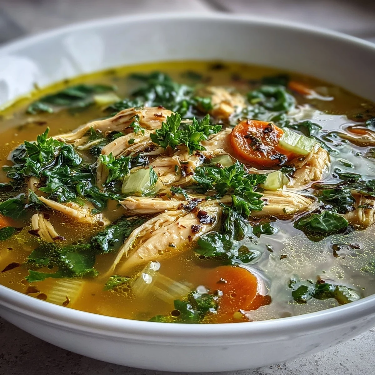 Bowl of High Protein Lemon and Turmeric Chicken Soup garnished with fresh dill and lemon wedges beside crusty gluten-free bread.