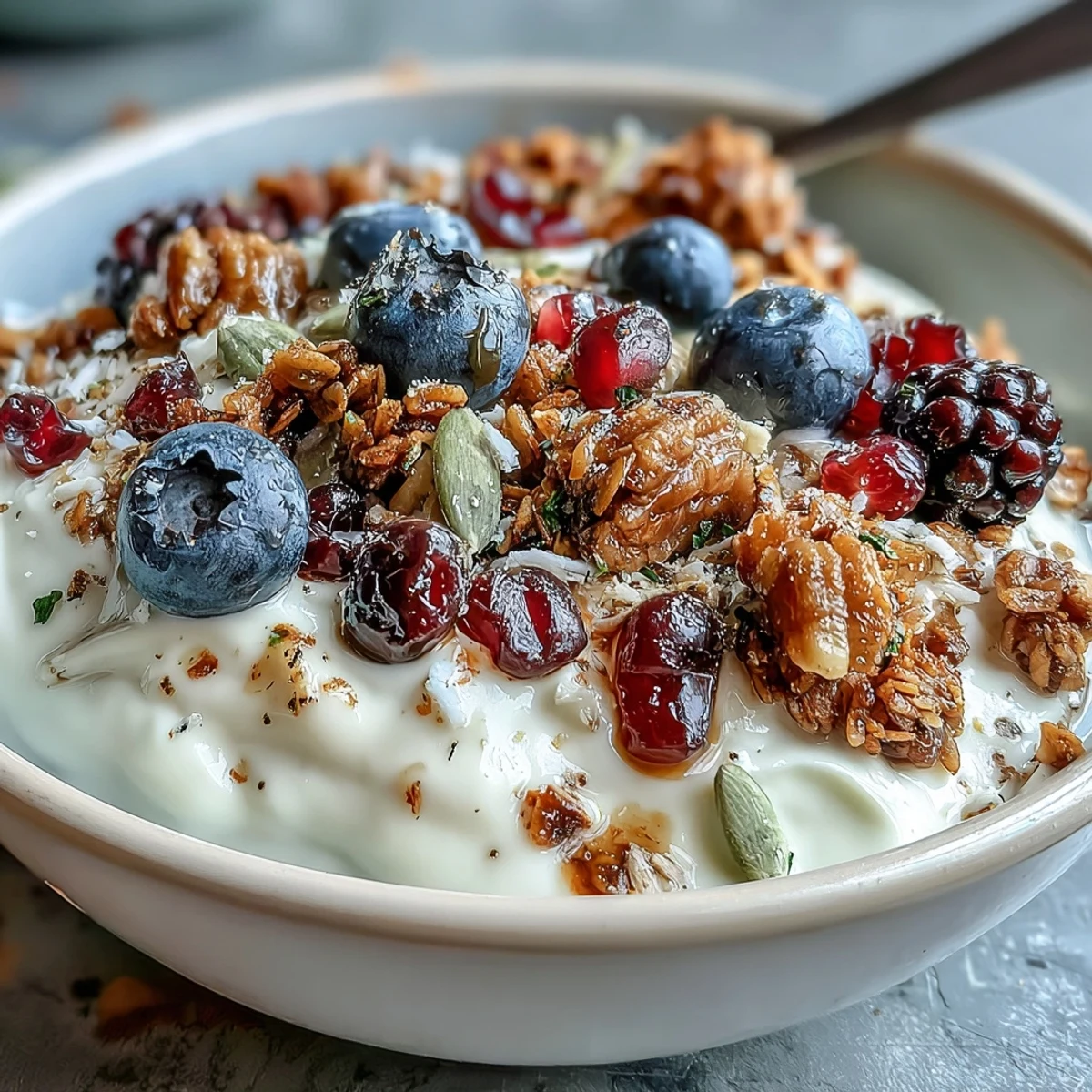 Creamy yogurt, vibrant winter berries topped with warm spiced crunch.